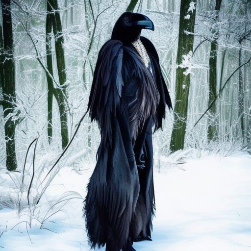Majestic Raven-Human Hybrid in Winter Cloak