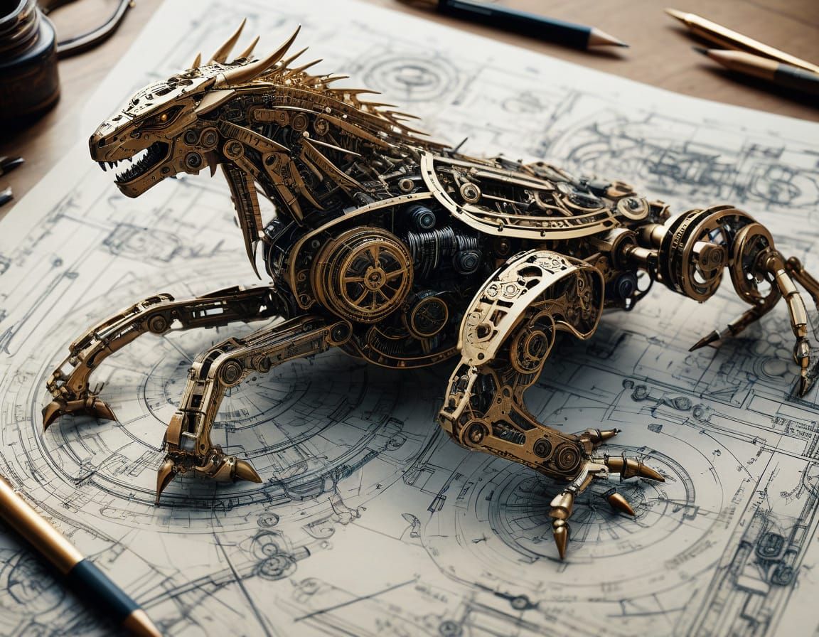 Futuristic Zoid Beast Blueprint in Elegant Copper Filigree