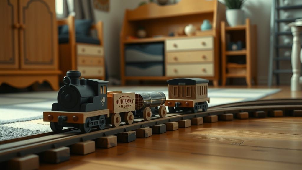 Toy Train on Tracks in Cinematic Style