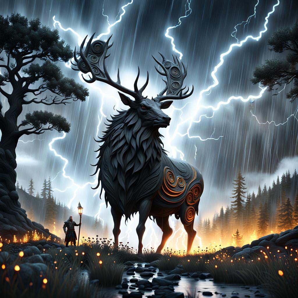 Druid King and Stag in Summer Equinox Storm
