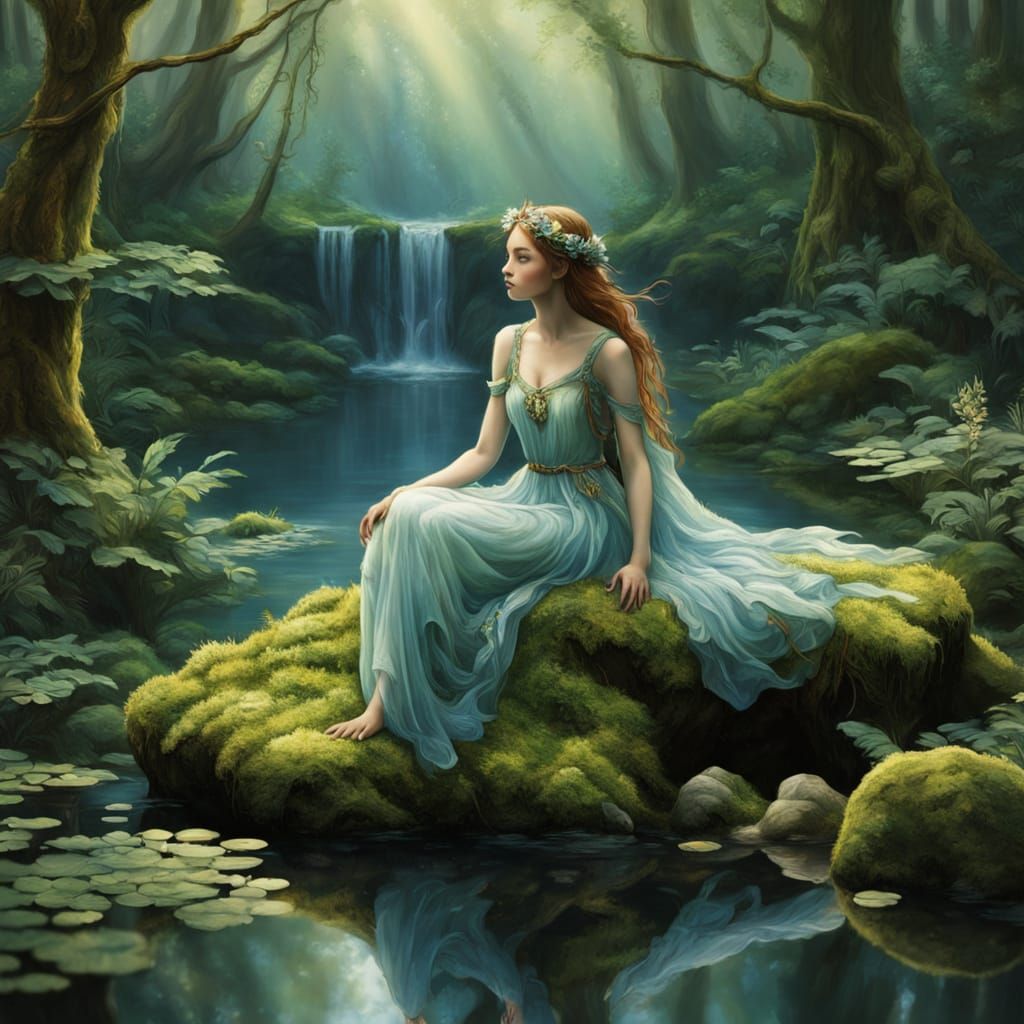 Ethereal Water Nymph in a Serene Forest Pool