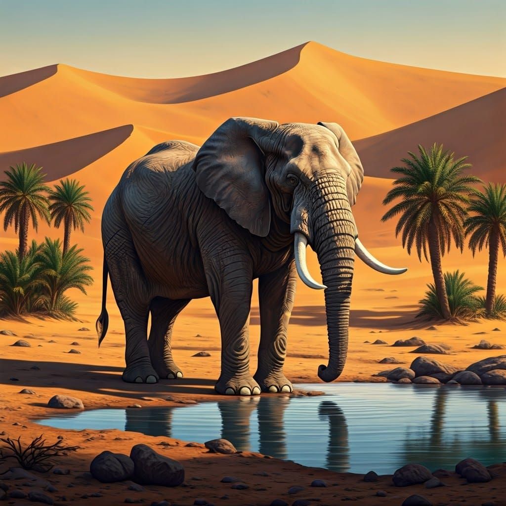 Elephant at Desert Oasis in Vibrant Concept Art Style