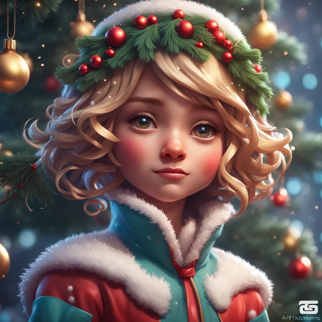 Cute Christmas Tree Portrait in Digital Art Style