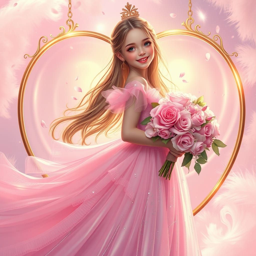 Radiant Girl in Pink Gown with Roses