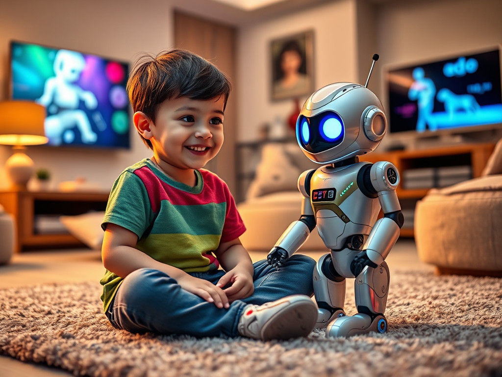 Child and Robot Toy in Futuristic Living Room