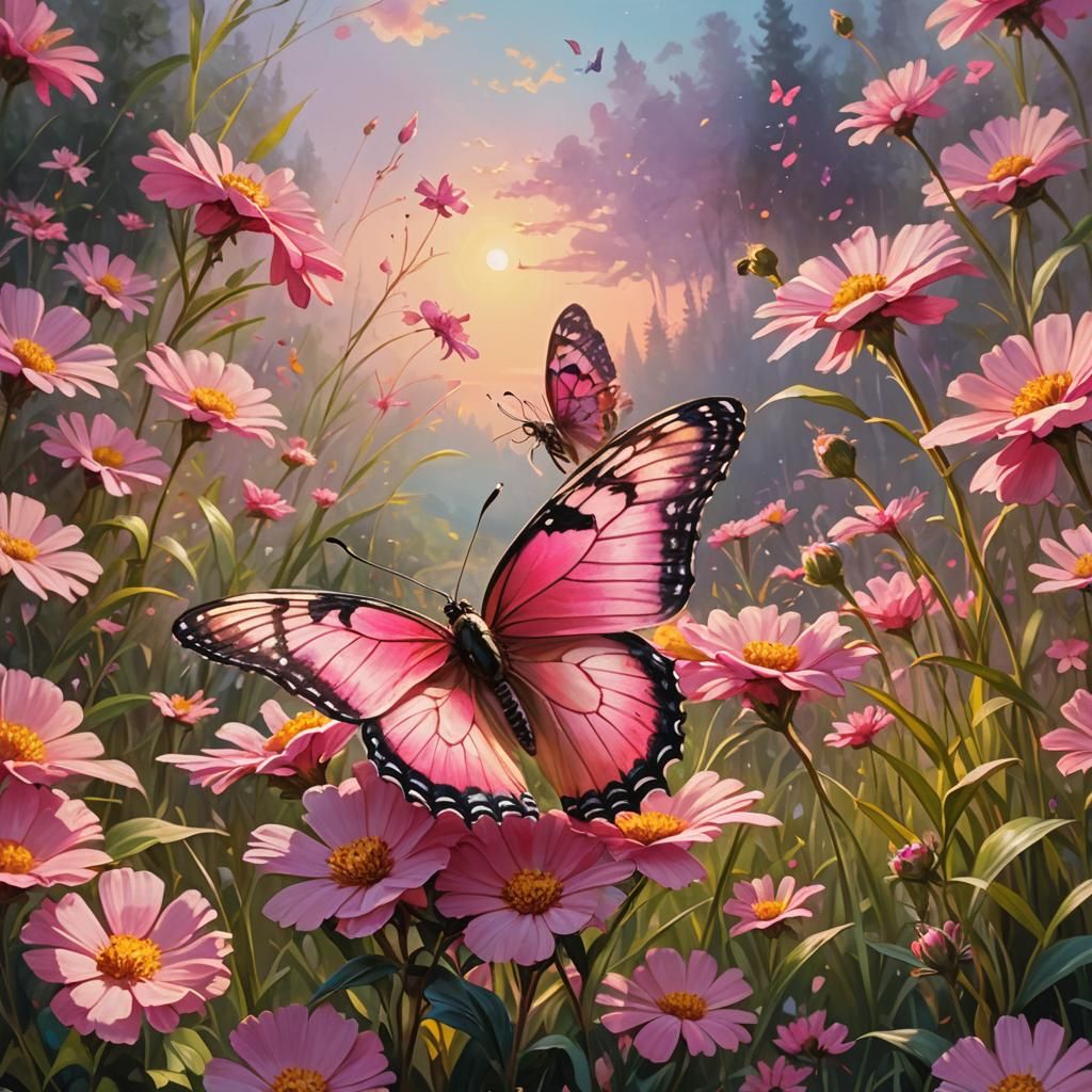 Pink Butterfly on Flower: Oil Painting