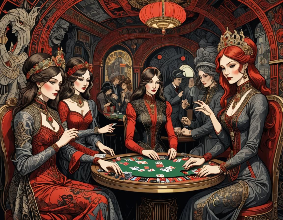 Decadent Ladies Play Poker in Underground Casino