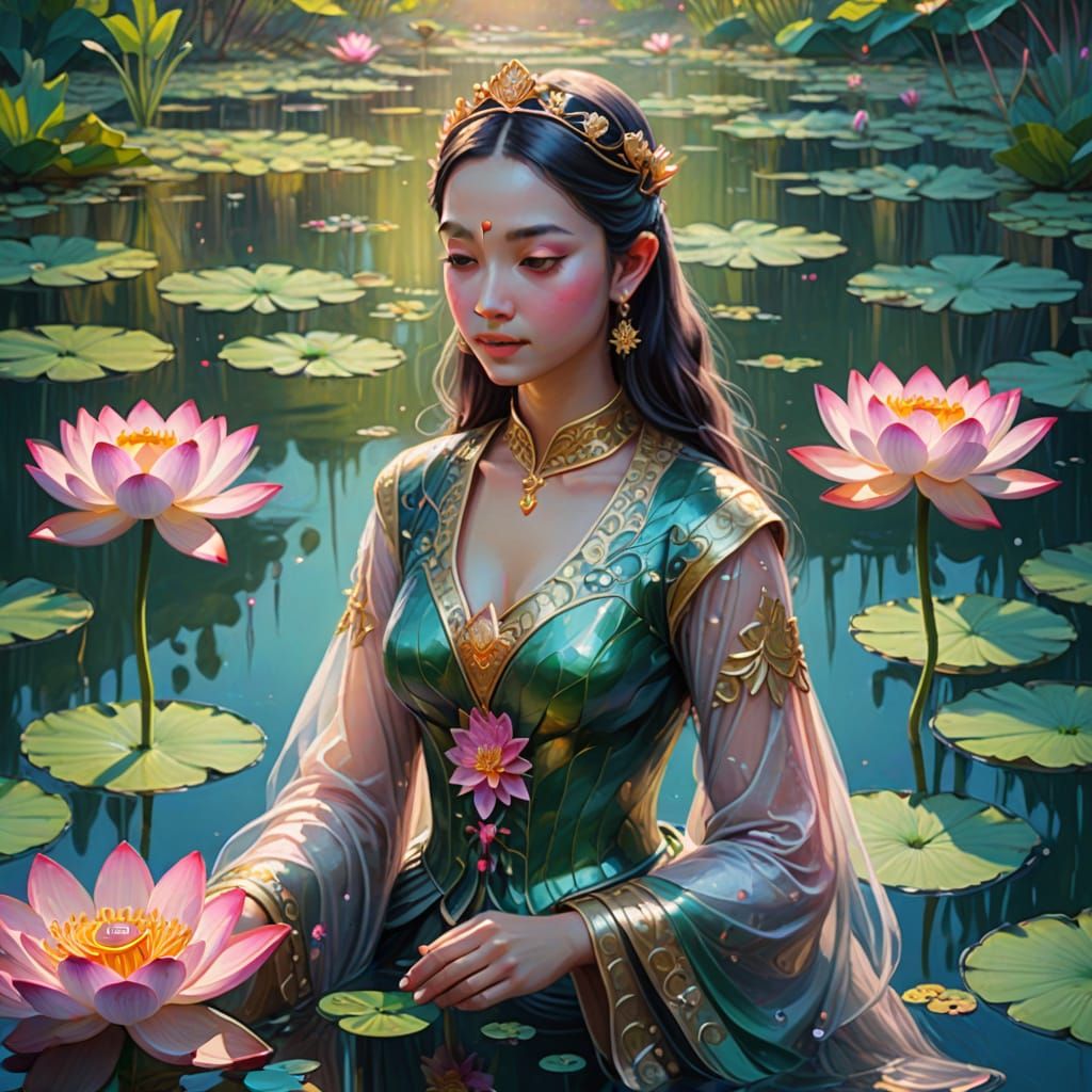 Lotus Flower Princess in Pond: Vibrant Oil Painting