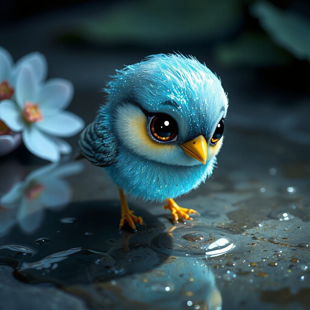 Iridescent Blue Chibi Bird in Enchanted Garden
