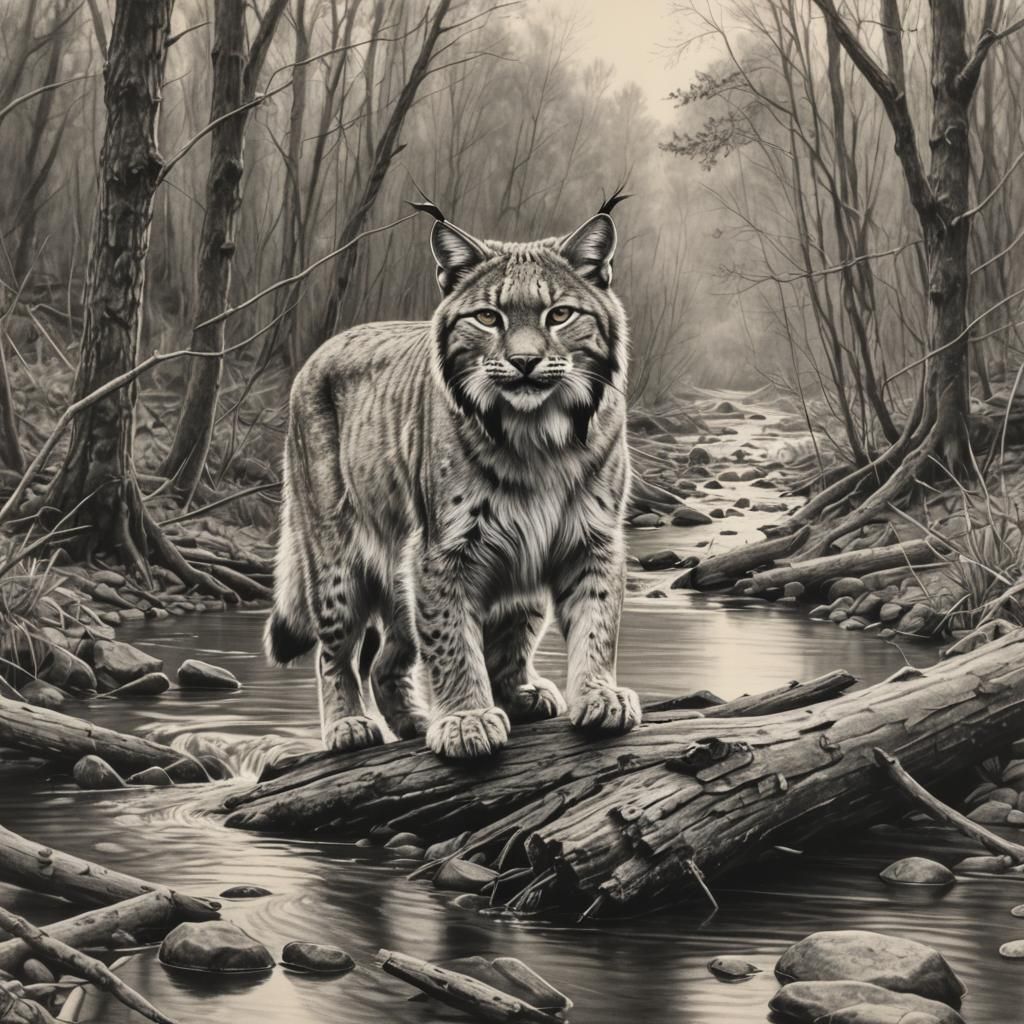 Lynx Crossing Creek: Hyperdetailed Charcoal Drawing