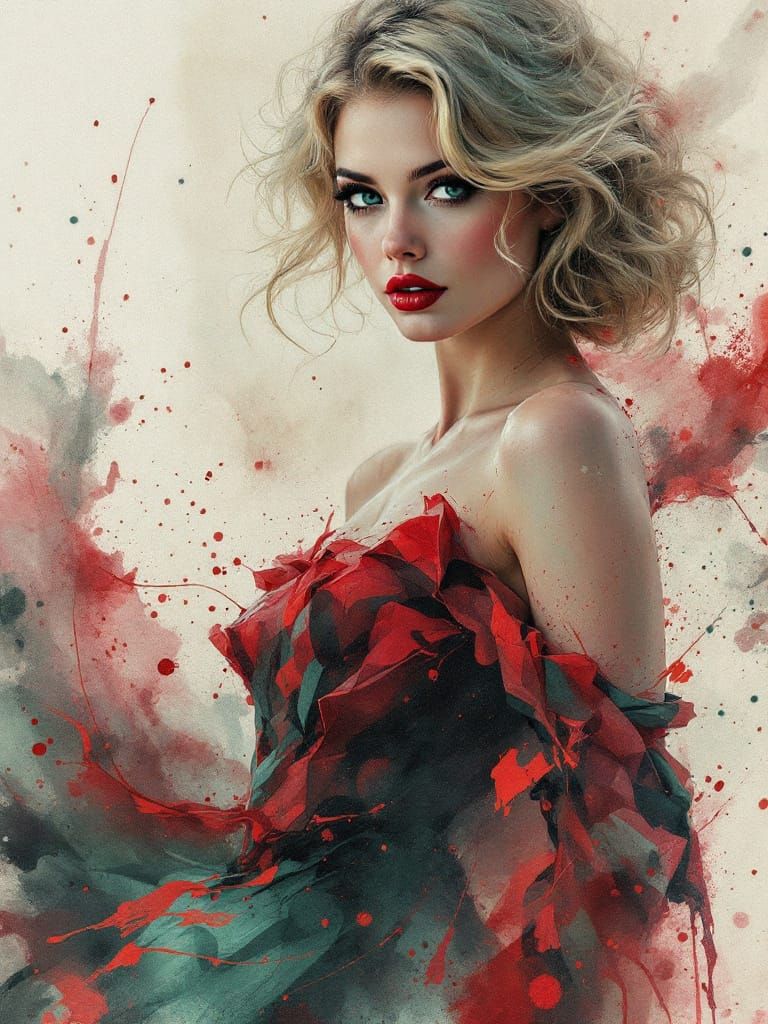 1950s Pin-Up Woman in Festive Dress, Moody Atmosphere