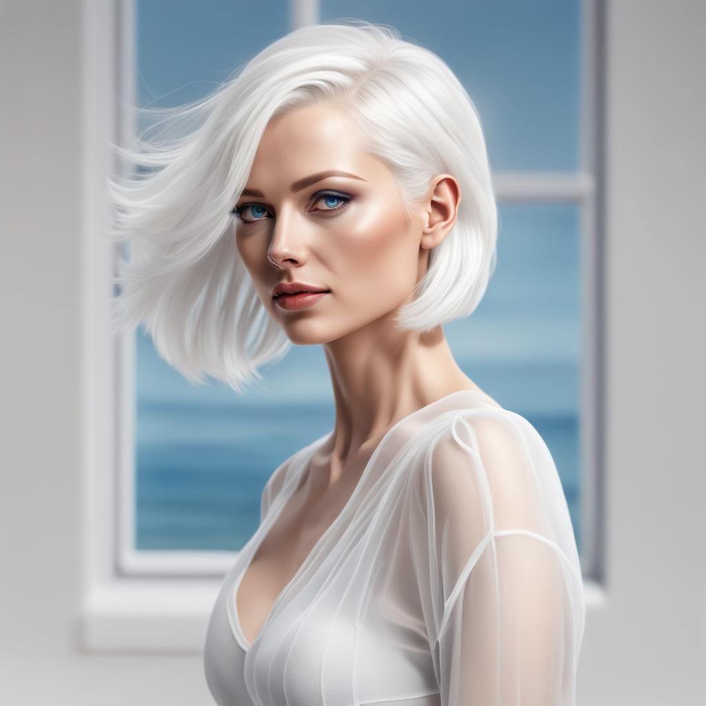 Beautiful White-Haired Woman in Hyperrealistic Style