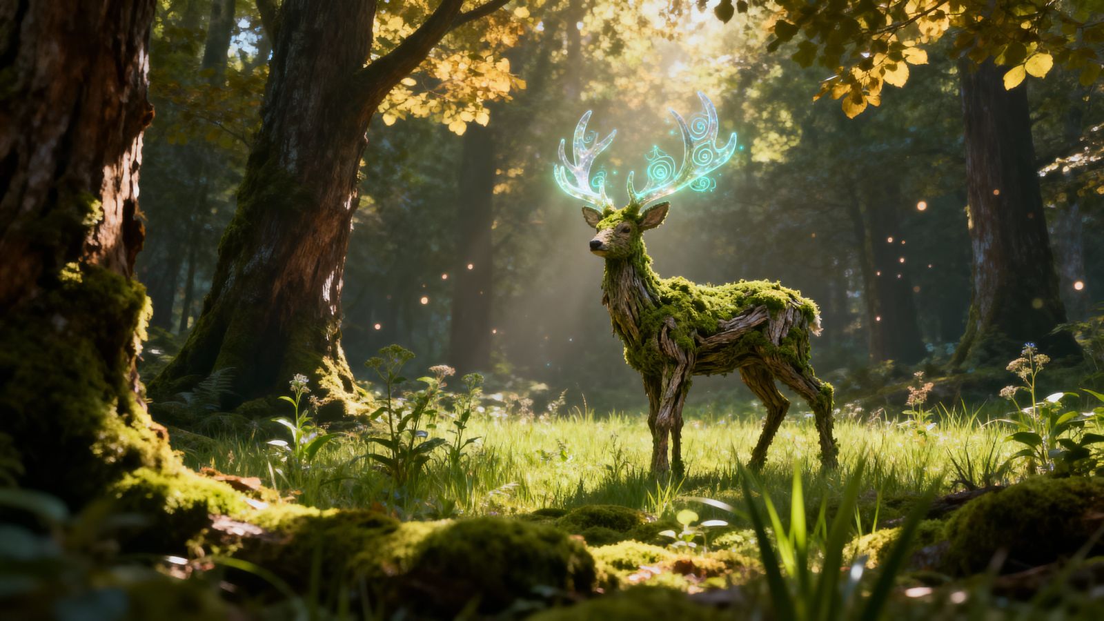 Ethereal Moss Deer Guards Spellbound Meadow in Cinematic Sun...