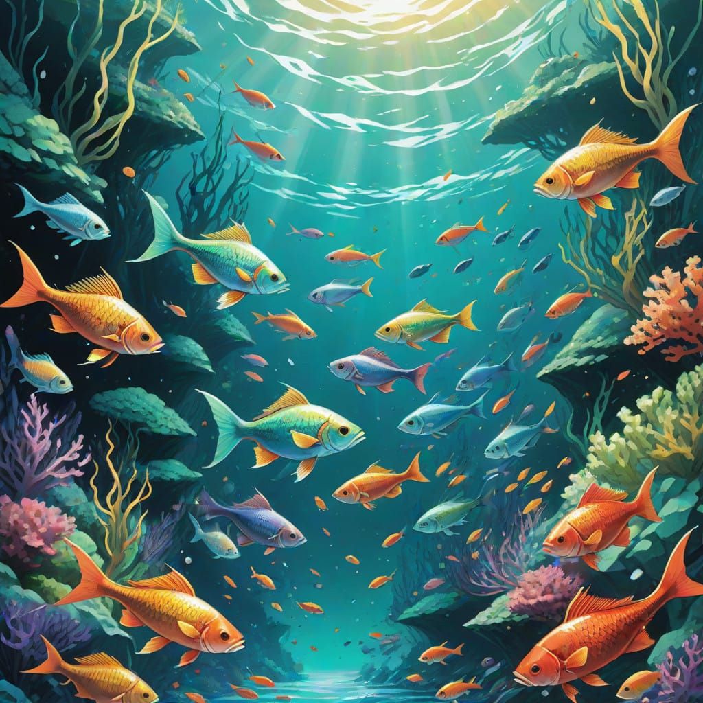 Vibrant School of Fish in Ethereal Oceanic Wonderland
