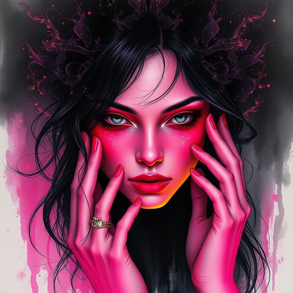 Hyperrealistic Woman in Pink, Gold and Black Ink