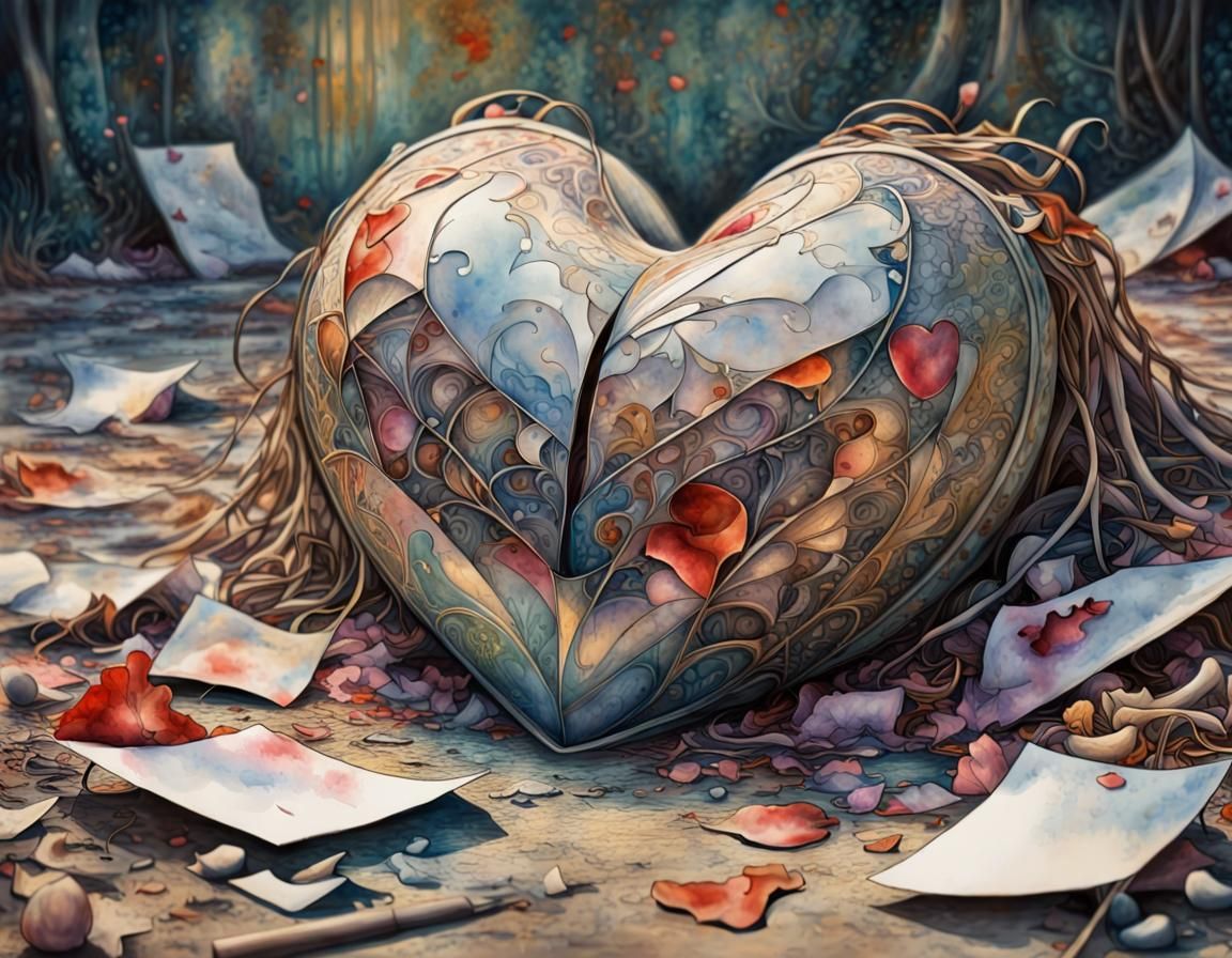 Romantic Broken Heart in Watercolor Art