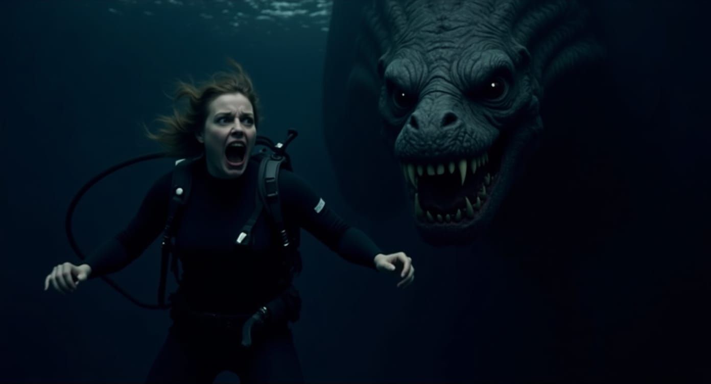 Diver's Terror: Colossal Serpent Chase in Dark Ocean