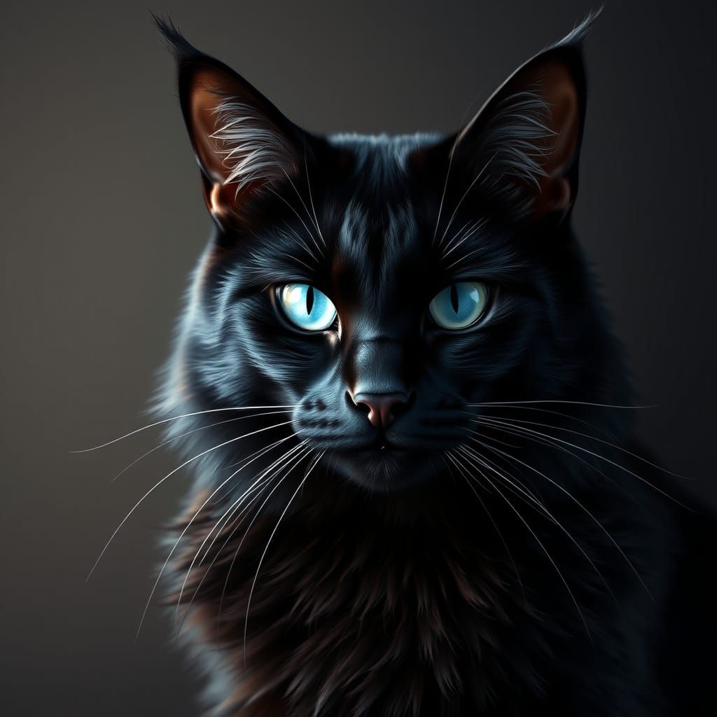 Regal Black Cat with Luxuriant Fur and Piercing Blue Eyes