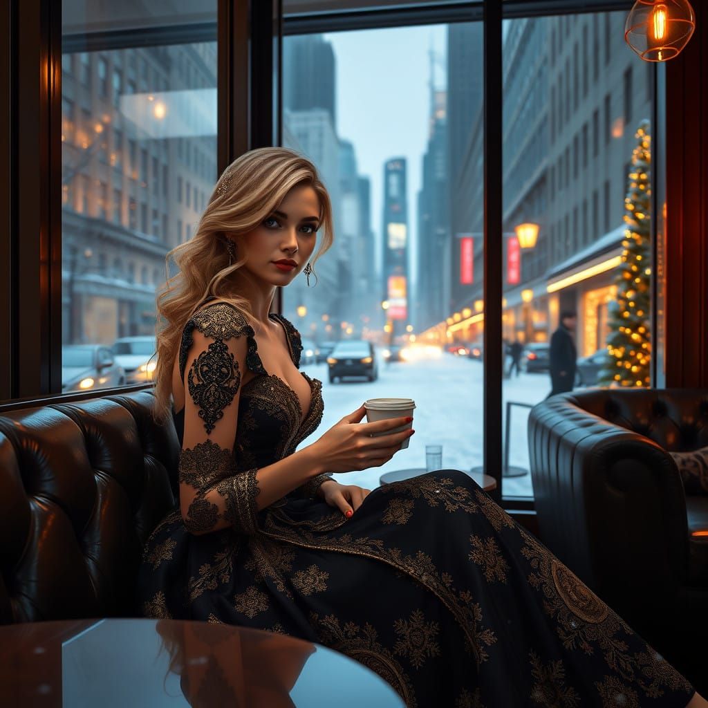 Glamorous Miss New York in Winter Gown, Coffee, and Cityscap...