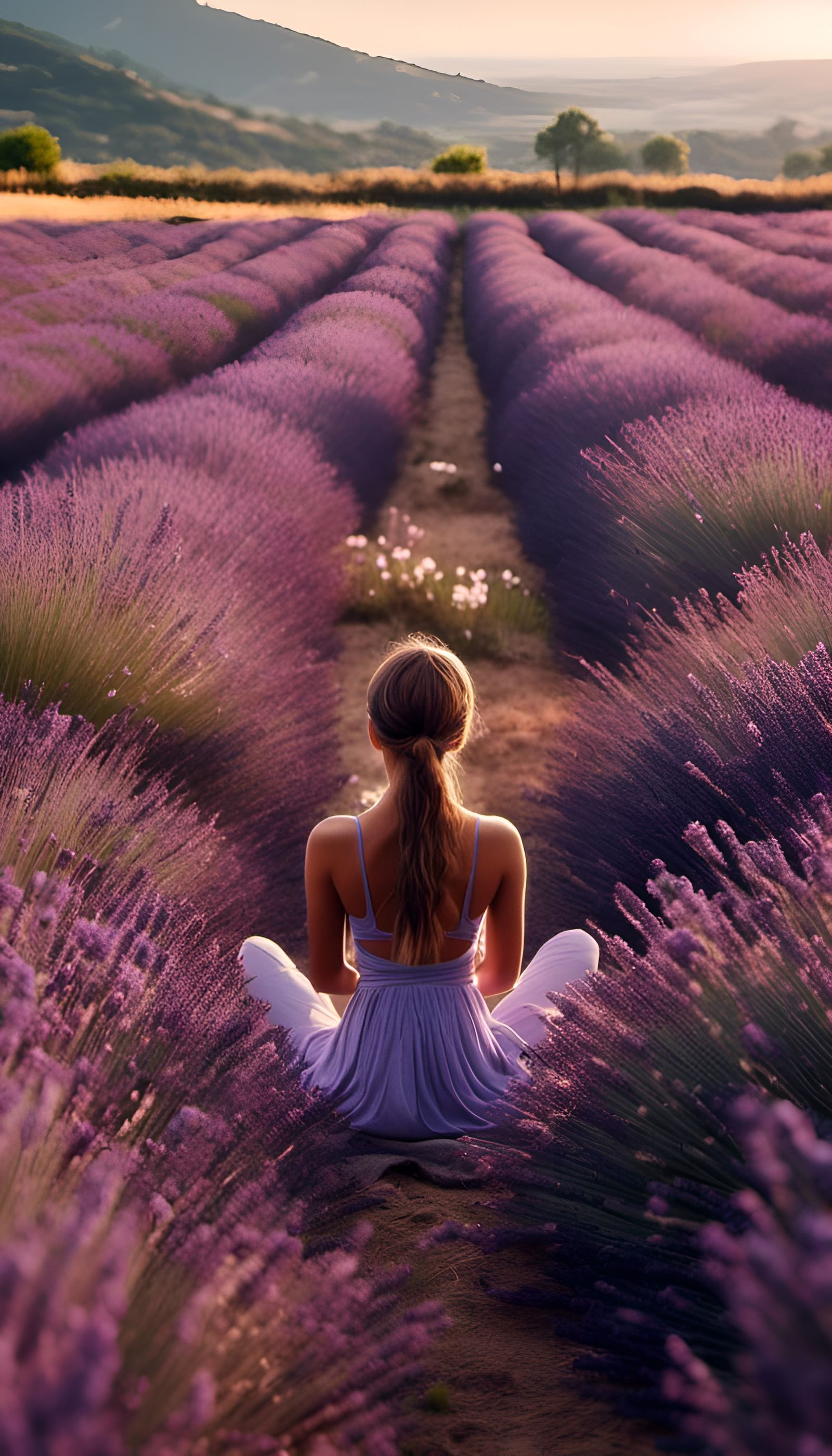 Lavender Field Meditation in Post-Apocalyptic Anime Style