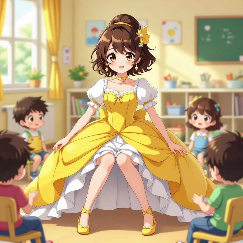 Anime Girl in Puffy Princess Dress at Daycare