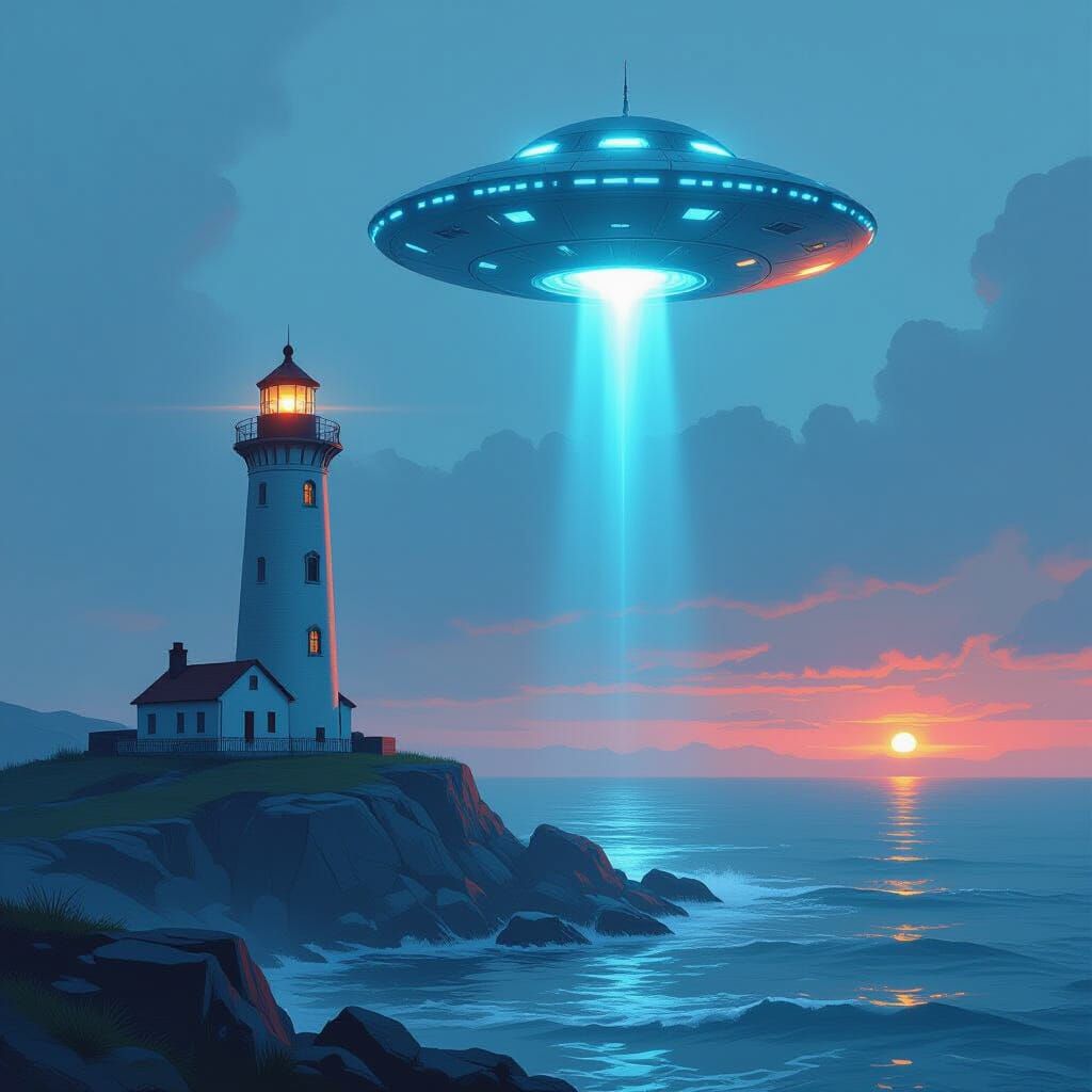 UFO Over Lighthouse in Futuristic Style