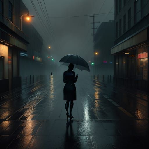 Lone Figure in Rainy City Nightscape Digital Painting