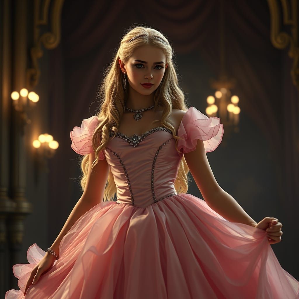 Ethereal Princess in Rose Ball Gown with Long Blonde Hair - ...