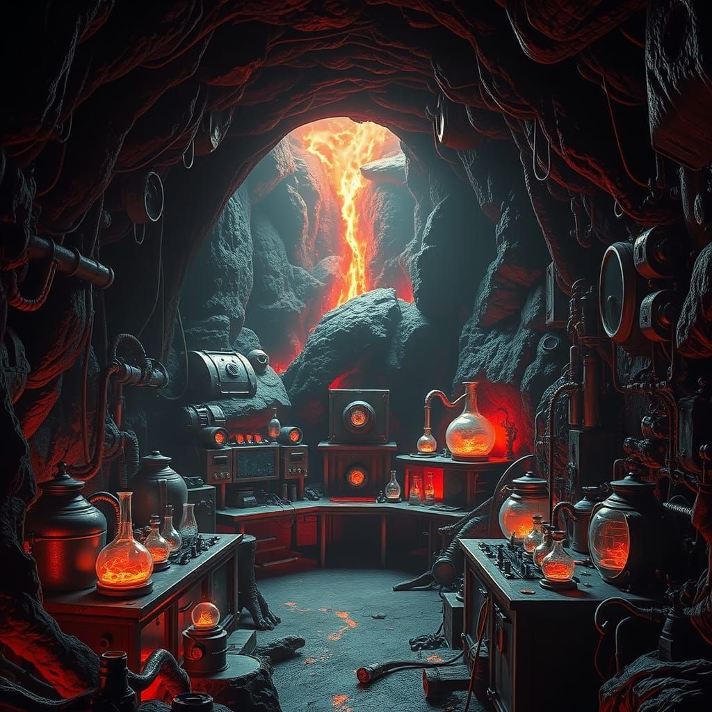 Mad Scientist's Volcanic Lair Illuminated by Lava Glow
