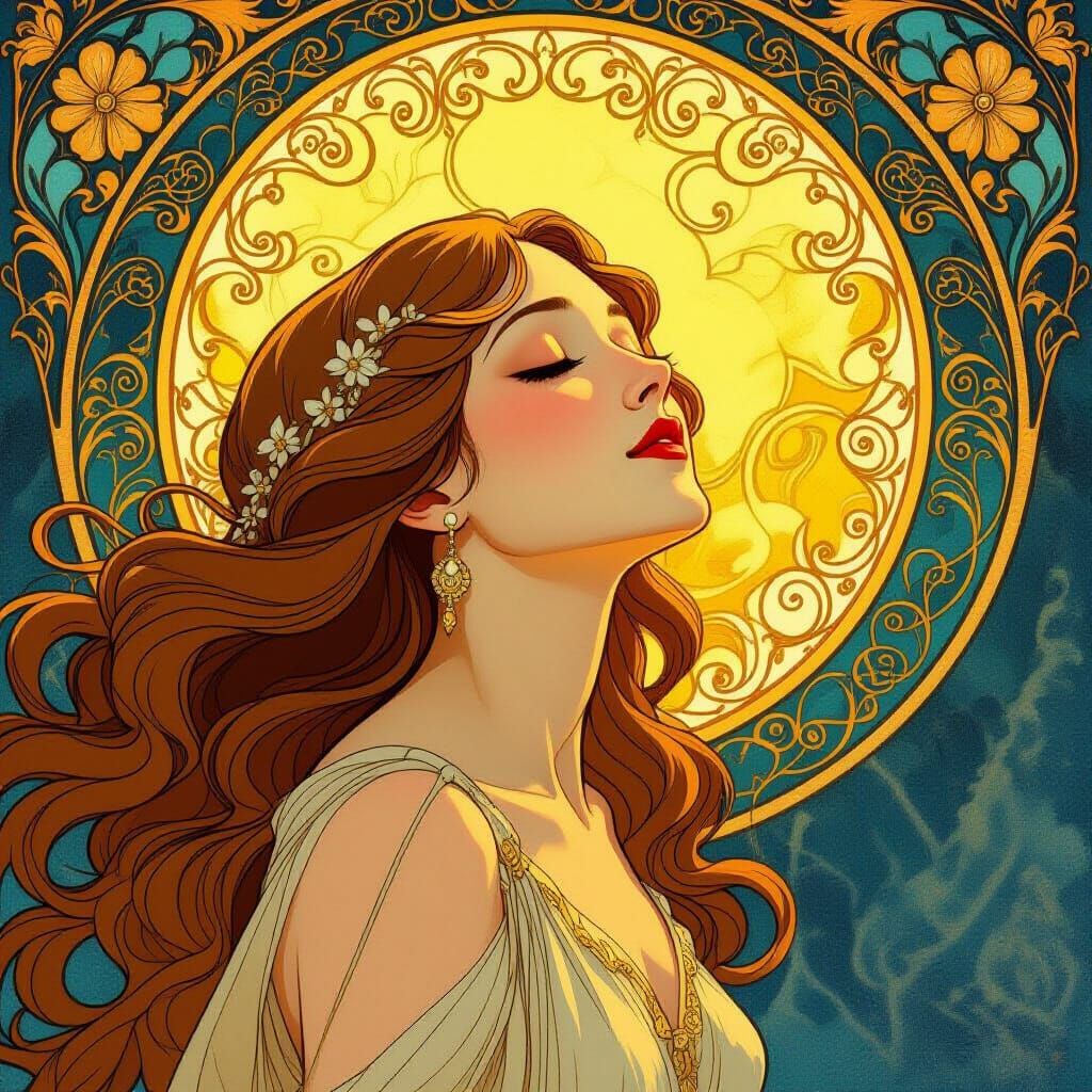 Art Nouveau Woman Bathed in Golden Sun Light