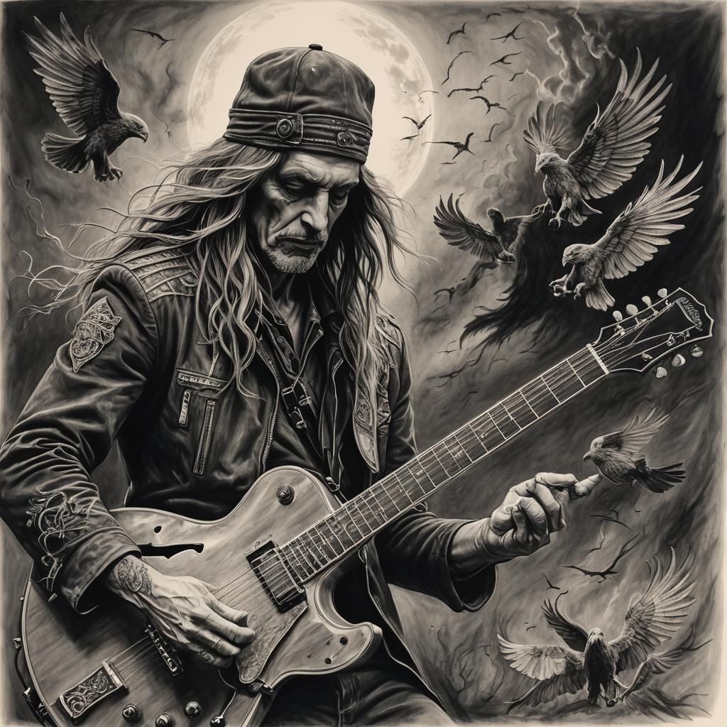 Eagle Guardian: Charcoal Drawing of Guitarist