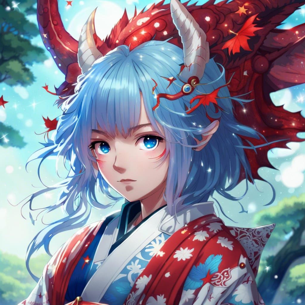 Anime Woman with Dragon Wings and Blue Hair