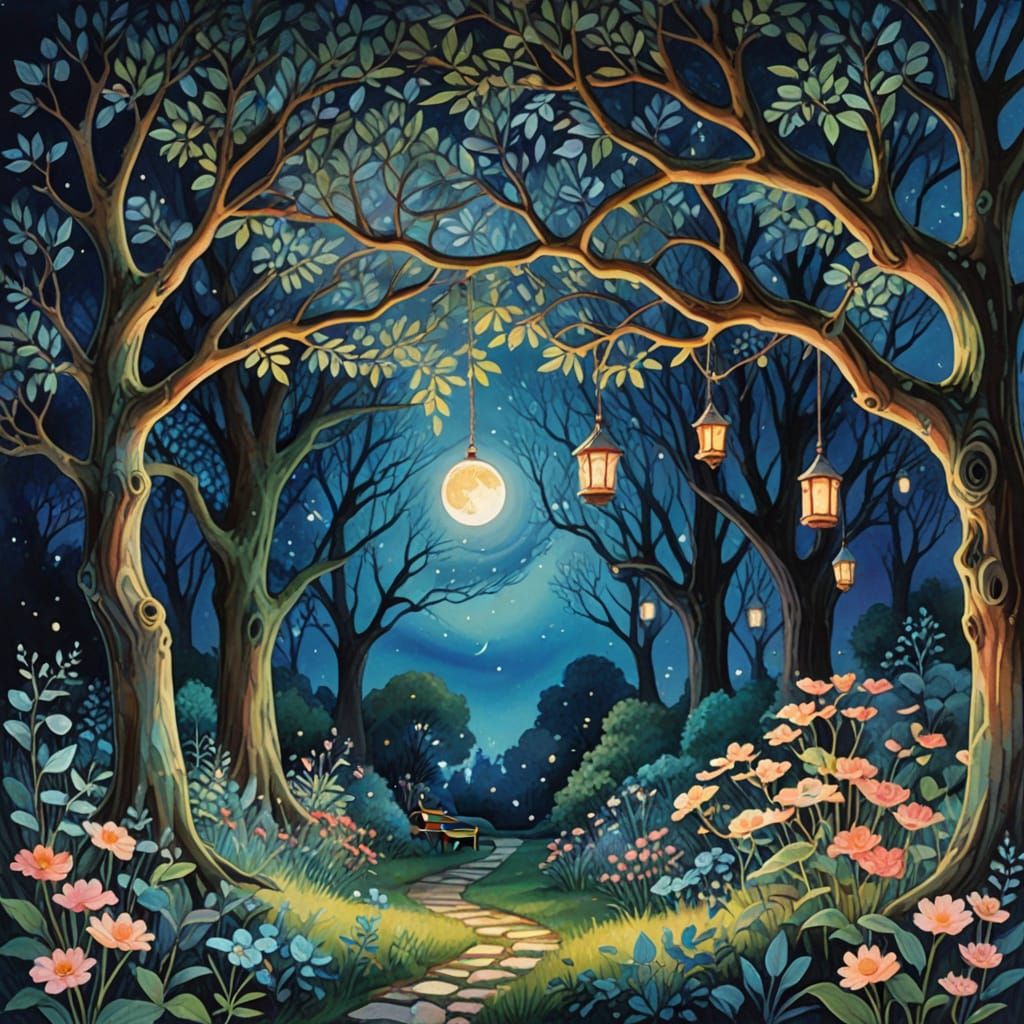 Whimsical Gouache Tree in a Dreamlike Garden