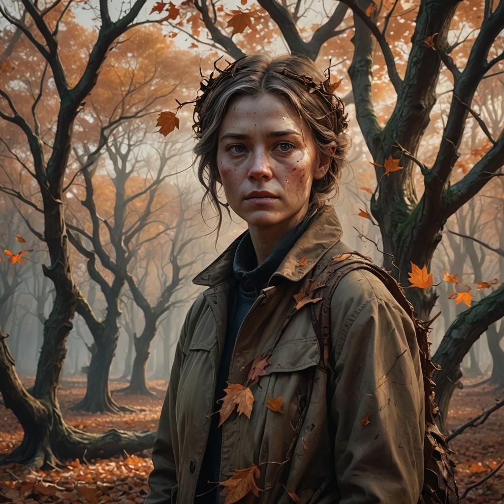 Desolate Woman's Pain in Autumnal Forest, Hyperrealistic Art