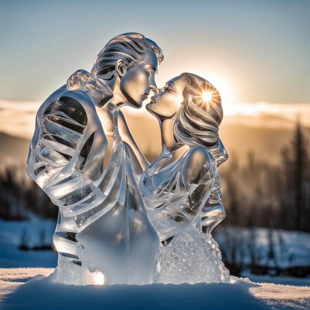 Sparkling Ice Sculpture of Kissing Couple on Snowy Peak