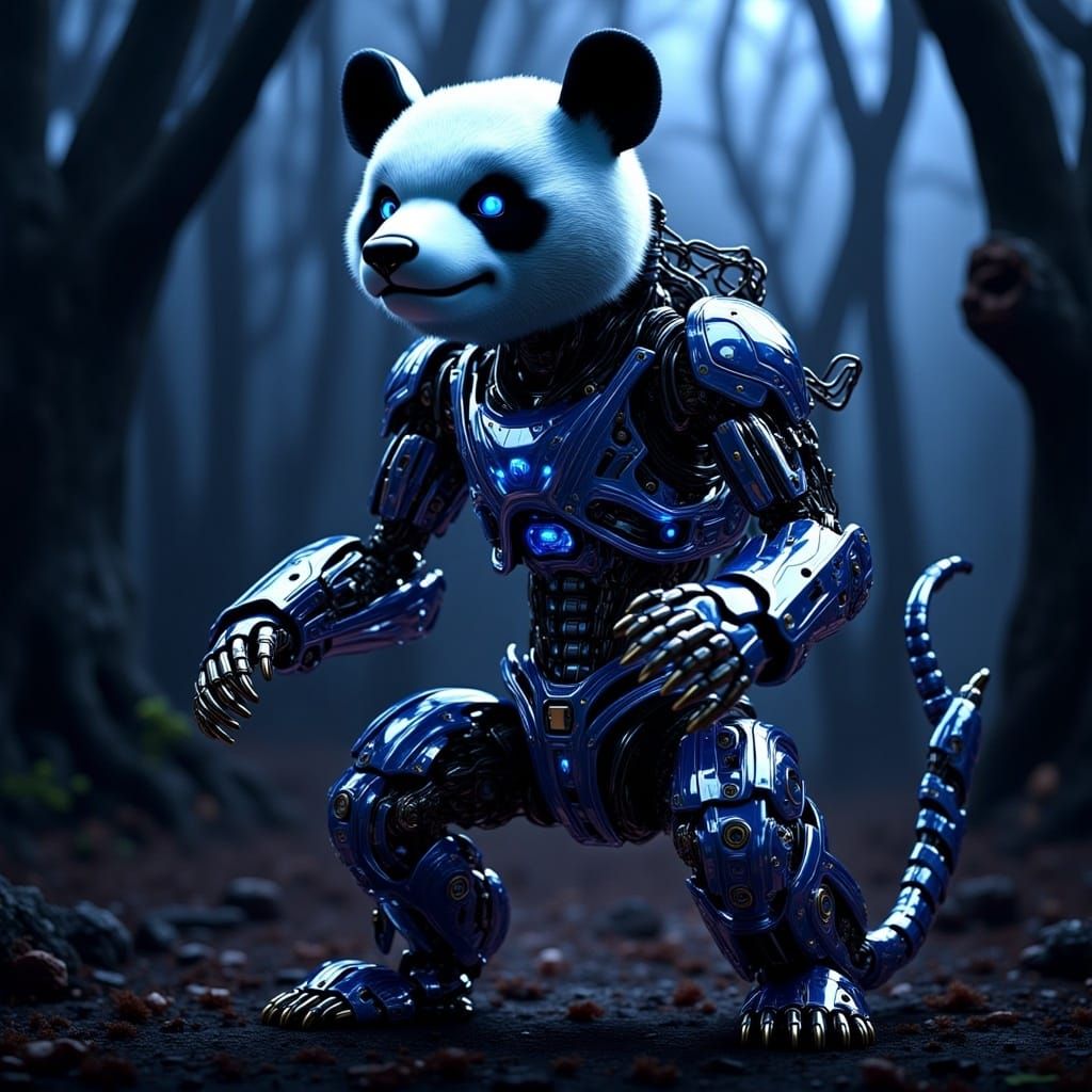 Futuristic Cyborg Panda in Neon-lit Forest, Sci-Fi Art