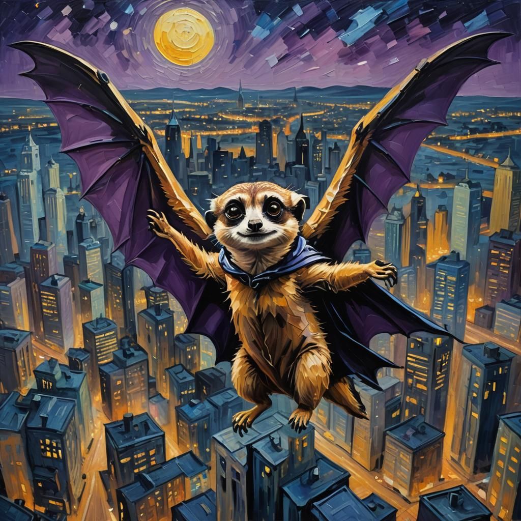 Bat-Winged Meerkat Soaring Over City: Impasto Oil Painting