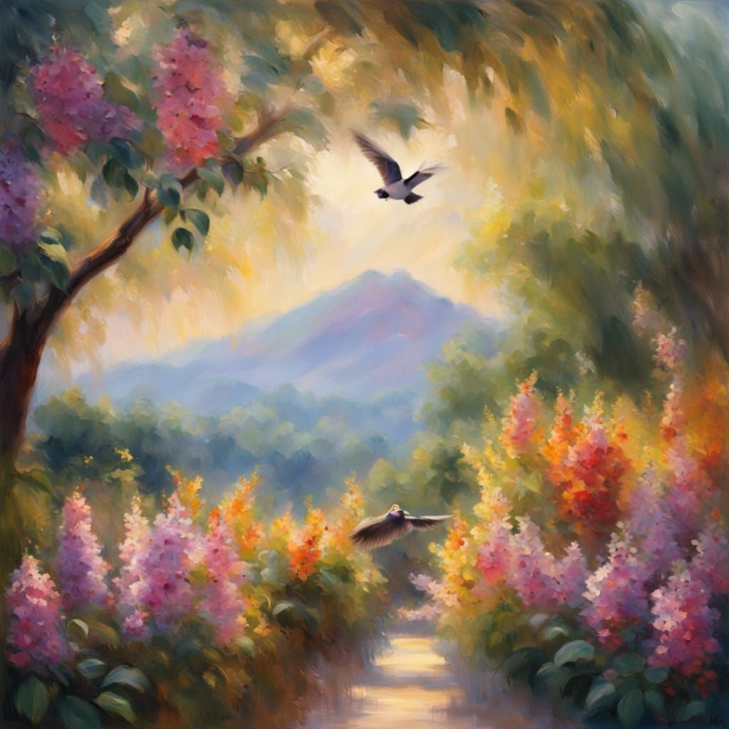 Dreamy Impressionist Garden Oasis Above a Misty Volcanic Val...