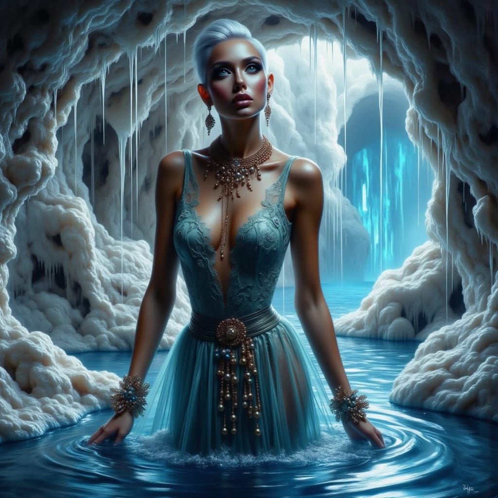 Bald Woman in Cave: Watercolor and Acrylic Style