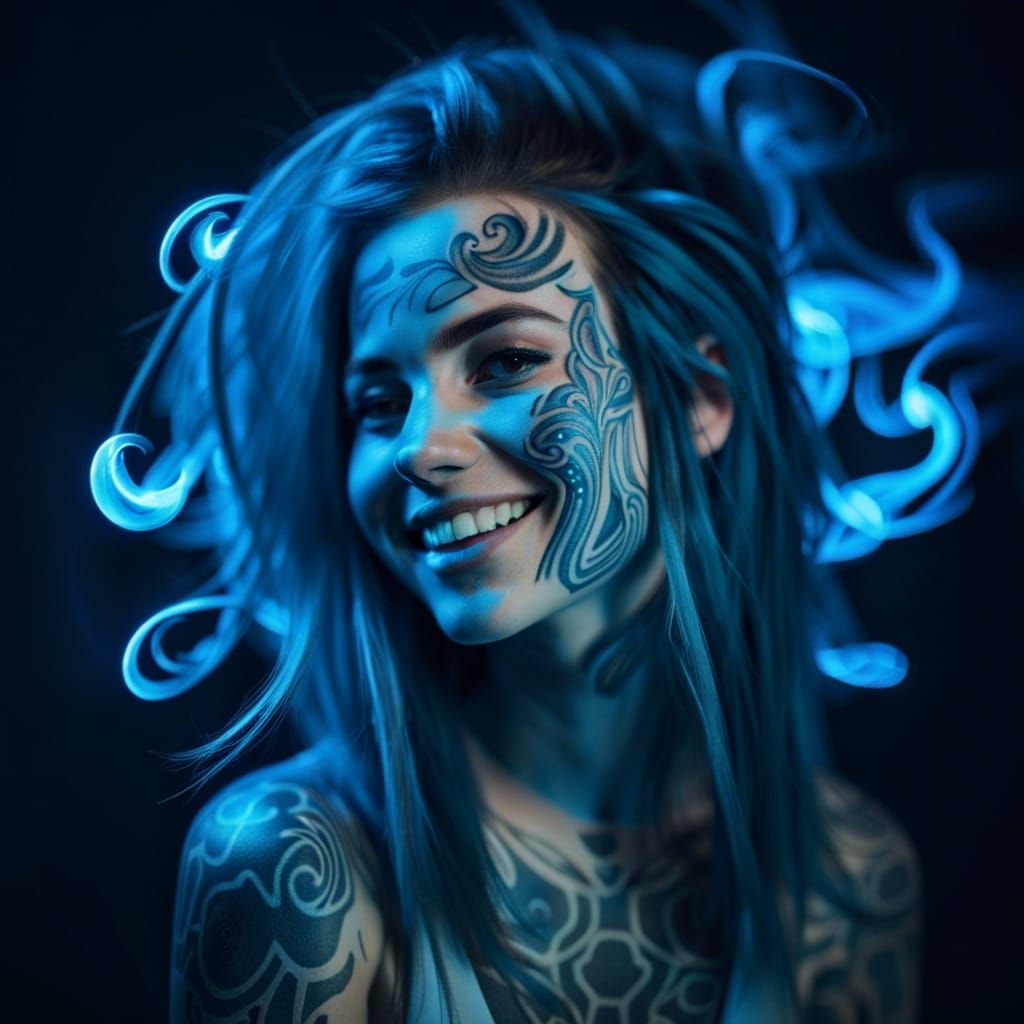 Young Woman with Flowing Hair and Blue Tattoos