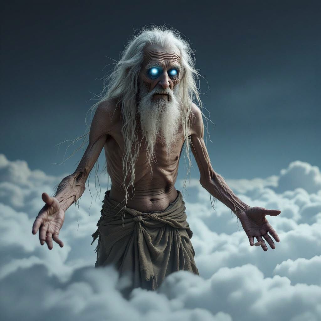 Ethereal Old Man in Clouds Offering Guidance