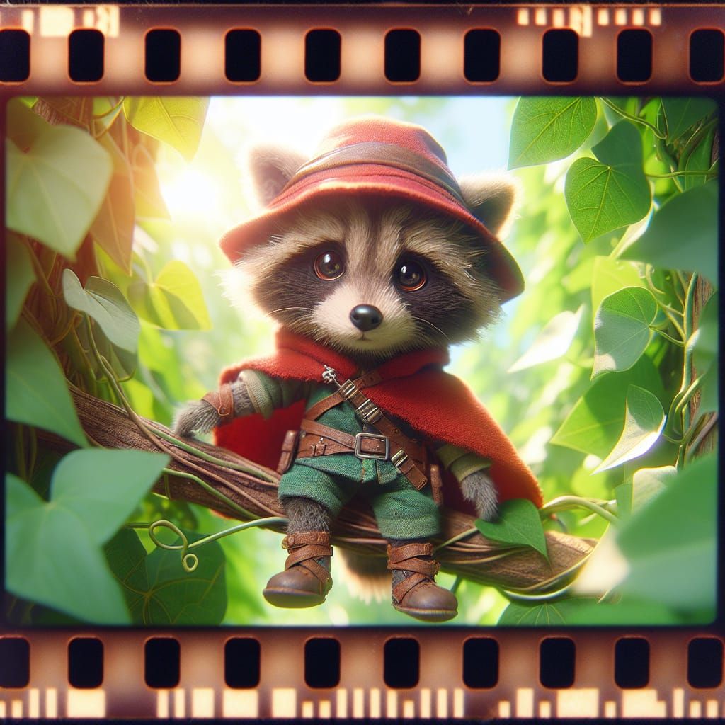 Furry Raccoon Adventurer Peers Through Jungle Vines in a Sun...