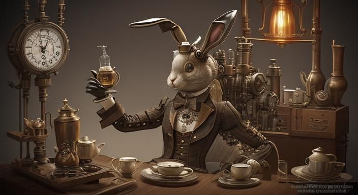 Steampunk Mechanical Rabbit at Tea Party