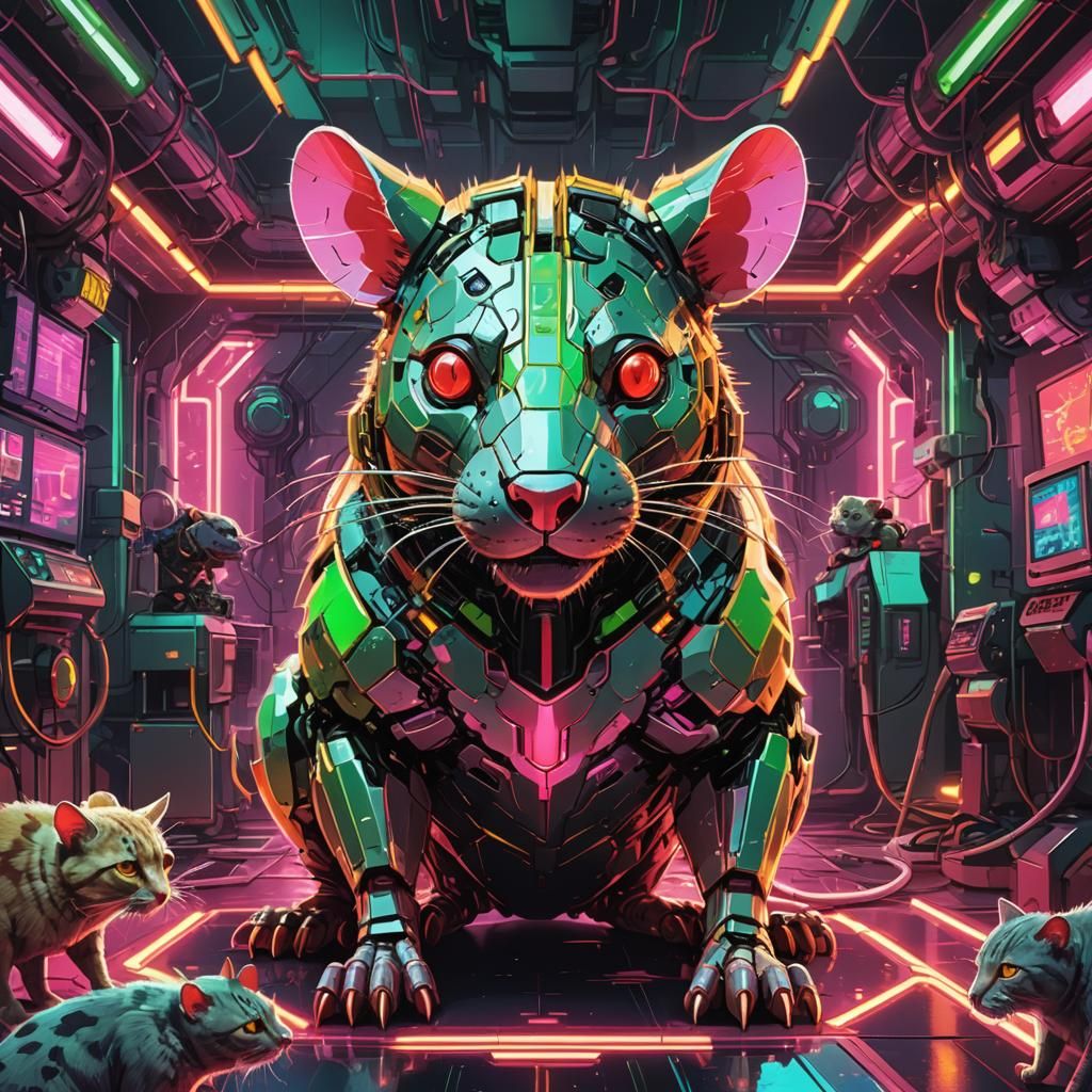 Giant Robotic Rat in Neon Laboratory: Bauhaus Pop Art