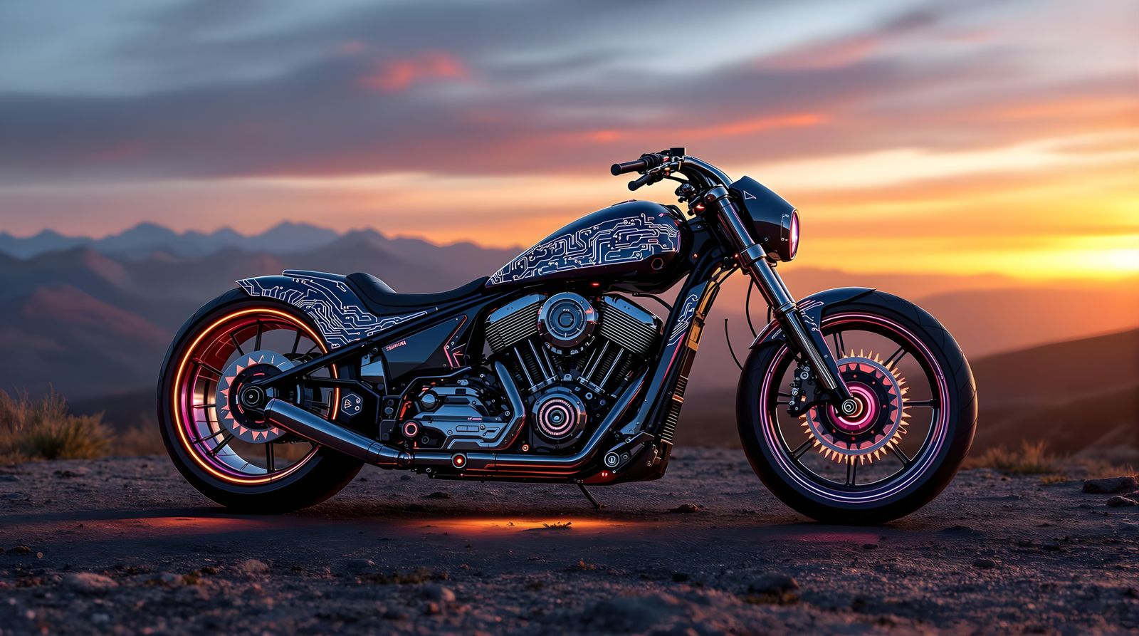 Futuristic Cyberpunk Motorcycle at Sunset