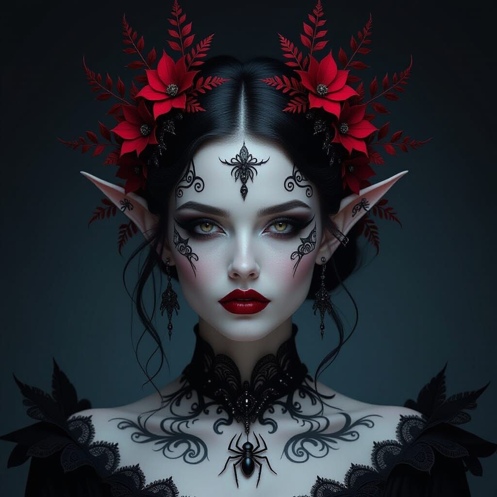 Gothic Ethereal Figure Portrait with Red Foliage