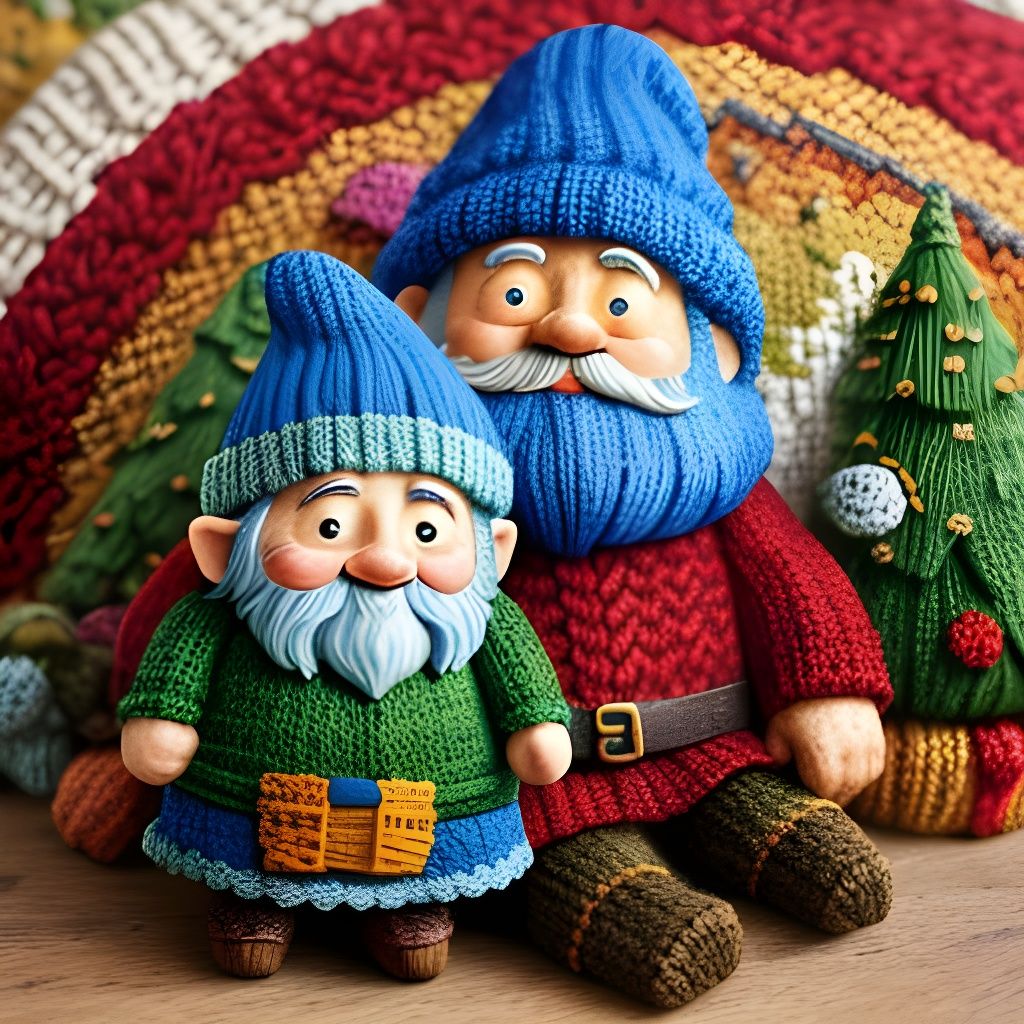Knitted Gnome Couple in Cozy Cottage: Digital Art