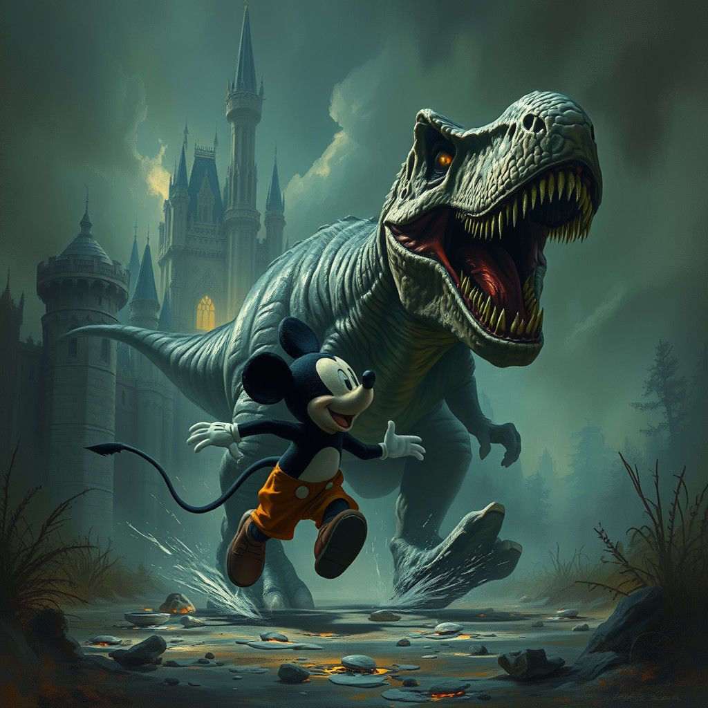 Mickey Mouse Fleeing from a Nightmarish T-Rex Invasion in Di...