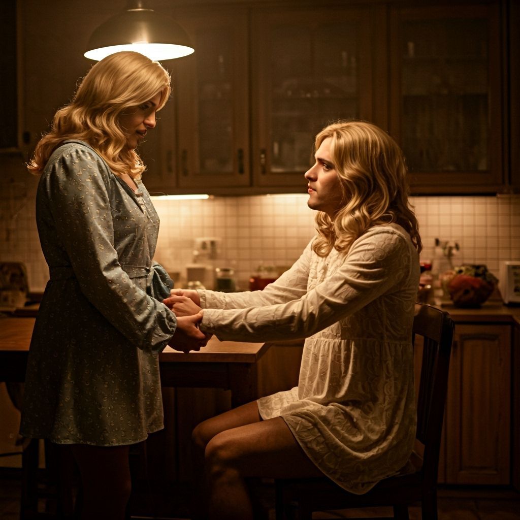 Cozy Kitchen Scene: Woman Adjusts Dress Bow on Worried Man
