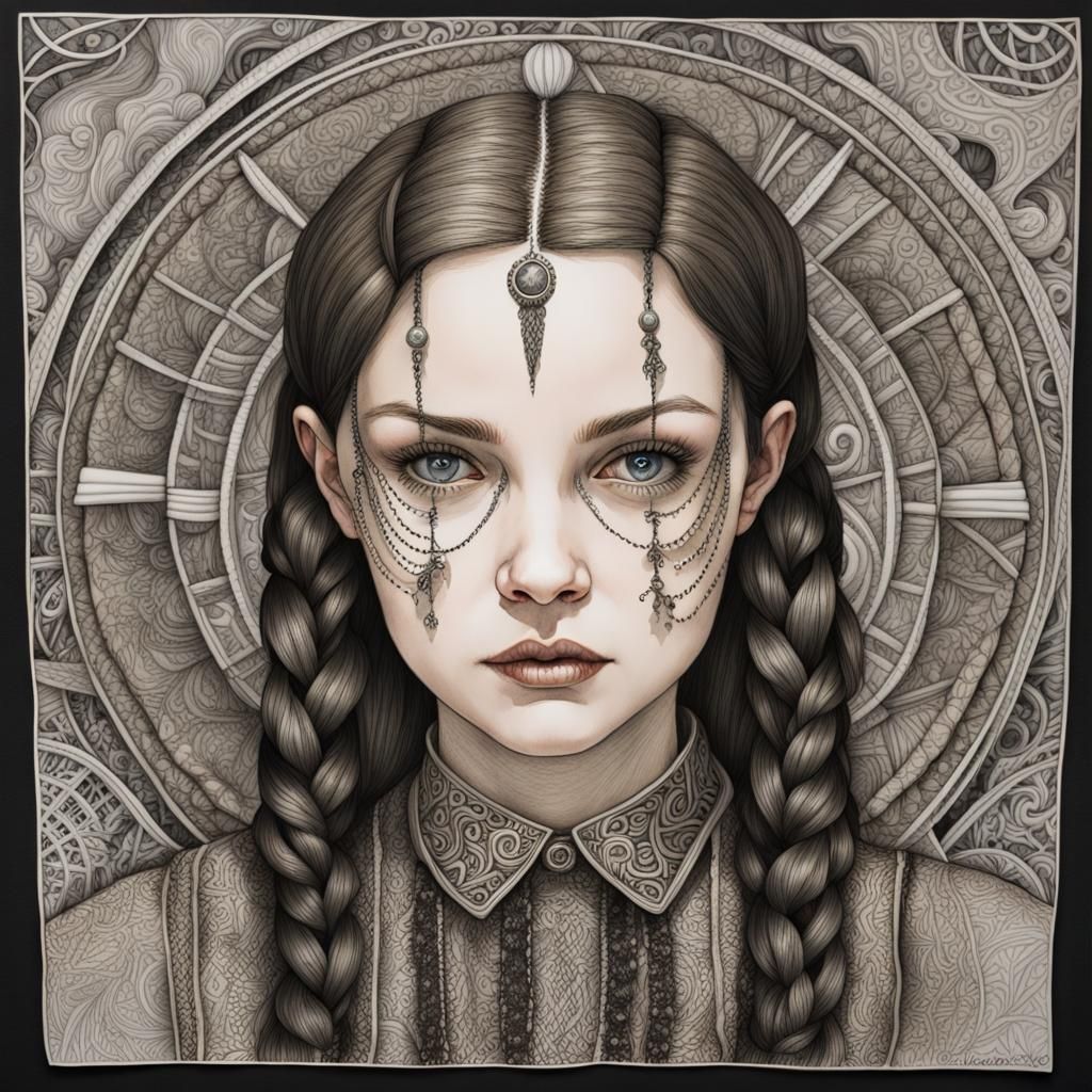 Wednesday Addams in Zentangle Style: Detailed Portrait